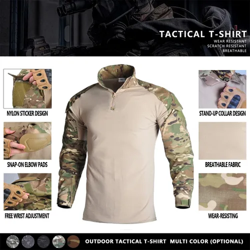 Miniatura 3 de Camisa táctica militar para hombre, camuflaje militar, militar, manga larga, con coderas, cremallera de 14