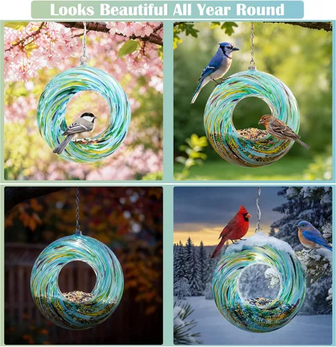 Miniatura 8 de Yinns Comederos de vidrio para pájaros colgantes en el exterior, comedero para pájaros con forma redonda solar para decoración de jardín de patio