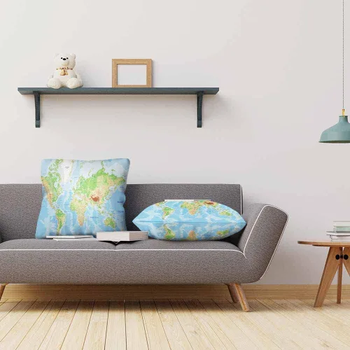 Miniatura 7 de Juego de 2 fundas de almohada decorativas con diseño de mapa del mundo, geografía terrestre y marítima con etiquetado, para el hogar, sofá, silla