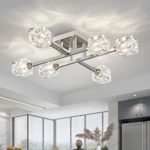 Miniatura 13 de XINGQI Lámpara de techo moderna de 6 luces, lámpara de montaje semiempotrado Sputnik, lámparas de araña doradas en negro para recámara, comedor