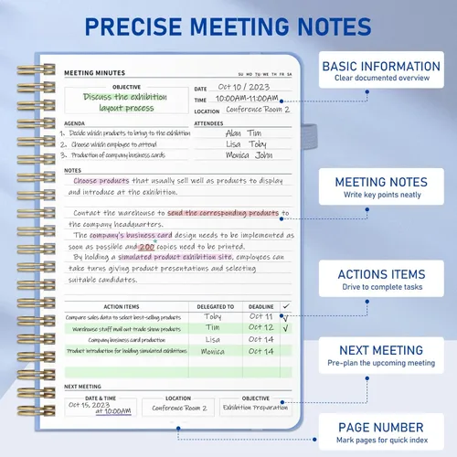 Miniatura 3 de WEMATE Cuaderno de reuniones para el trabajo B5 (7 x 10 pulgadas), cuaderno de trabajo de piel sintética con agenda, artículos de acción y notas