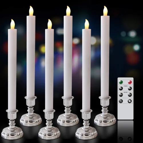 Miniatura 10 de Velas cónicas parpadeantes sin llama rosadas que funcionan con pilas con control remoto de 10 teclas y temporizador, paquete de 6 velas LED de cera