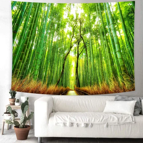 Miniatura 4 de Delur Tapiz de camino del bosque, puesta de sol, selva tropical tropical, árbol natural, tapiz para colgar en la pared, cabecera de paisaje verde