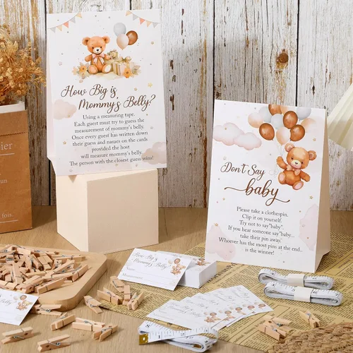 Miniatura 3 de Suzile 105 piezas de juegos de baby shower con tema de oso, incluyen How Big is Mommy's Belly Game Measure Mommy's Belly Sign Don't Say Baby Sign