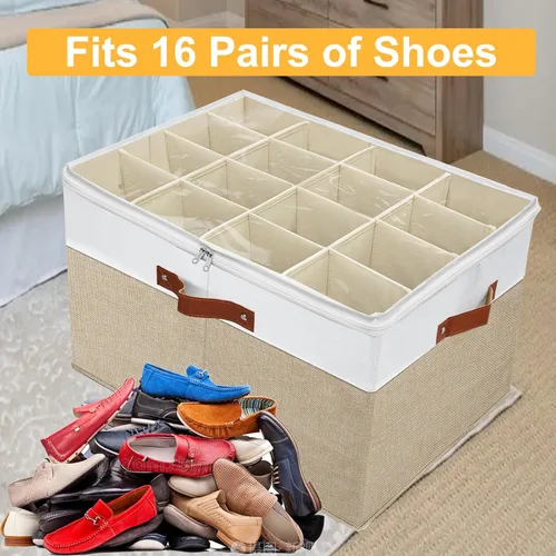 Miniatura 8 de Paquete de 2 organizadores de almacenamiento de zapatos para armario, caja de almacenamiento apilable de zapatos para entrada, armario de Marrón