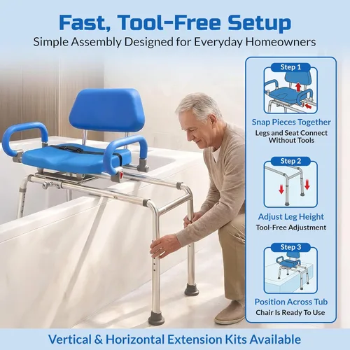 Miniatura 4 de Banco de transferencia deslizable con asiento giratorio. Silla premium para tina y ducha, acolchada con apoyabrazos giratorios Diseño ahorrador