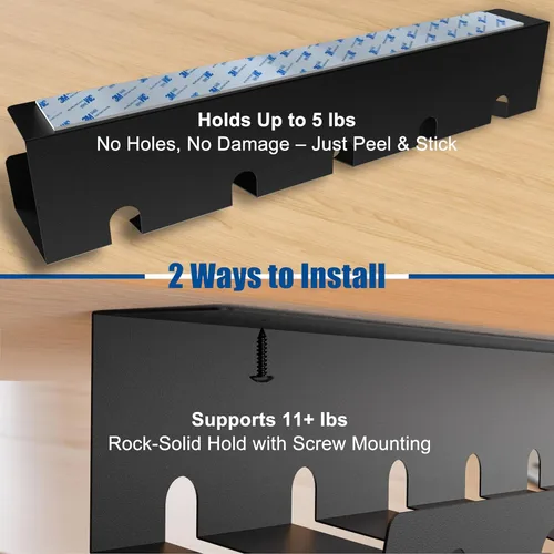 Miniatura 4 de Paquete de 2 bandejas de gestión de cables debajo del escritorio, organizador de cables de metal, soporte de tira de alimentación con bridas y clips