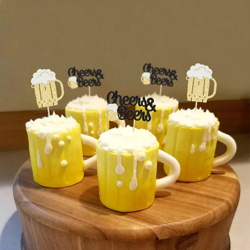Miniatura 4 de Gyufise 24 piezas de decoración para cupcakes de Cheers and Beers - Taza de cerveza con purpurina negra para cupcakes, baby shower, cumpleaños