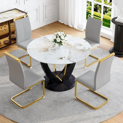 Miniatura 57 de Juego de mesa de comedor redonda para 4, mesa moderna de 48" con tapa de mármol sintético falso y pedestal brillante negro, juego de mesa de cocina