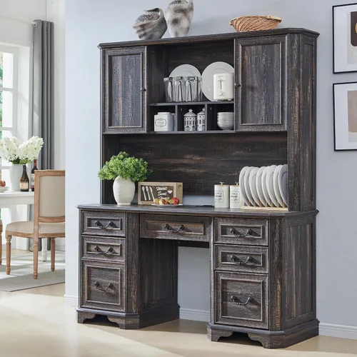 Miniatura 7 de T4TREAM - Escritorio ejecutivo de 59" estilo granja con estante superior, escritorio de madera para oficina en casa, con bandeja para teclado