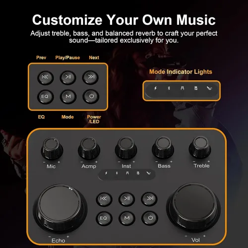 Miniatura 8 de Altavoz portátil de karaoke Bluetooth con 2 micrófonos inalámbricos, luces RGB, ajuste de agudos y graves, efectos de voz, entrada Negro