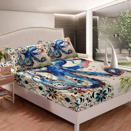 Miniatura 2 de Ocean Kraken - Juego de sábanas bajeras de pulpo para niños, niñas, adolescentes, decoración de habitación, juego de ropa de cama de tentáculos