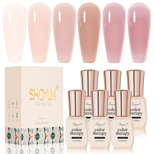 SHOYUM Jelly Nude Juego de Esmalte de Uñas en Gel 6 Colores Neutros Transparentes Rosa Claro Púrpura Kit de Esmalte en Gel Translúcido Removible DIY