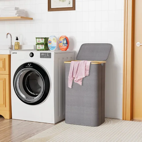 Miniatura 2 de SUOCO Cesta de lavandería con tapa, cesta de ropa de 29 galones (110 litros) con asas de bambú, cesta grande plegable para la ropa sucia para Gris