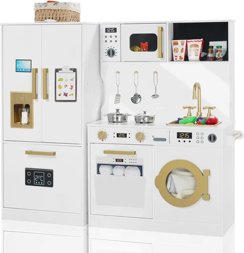 TODEFULL Juego de Cocina de Madera para Niños, Juego de Cocina de Simulación para Niños, Cocina de Juguete Interactiva con Congelador, Lavadora,