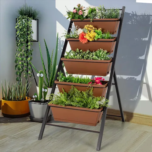 Miniatura 2 de Giantex Maceta vertical elevada, camas de jardín elevadas con orificio de drenaje de agua, cajas independientes de 5 contenedores para cultivo