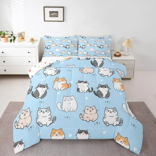 Miniatura 8 de Erosebridal Lindo juego de edredón de gato, tamaño individual, kawaii, fresa, juego de ropa de cama para niñas, diseño de arco iris, edredón rosa