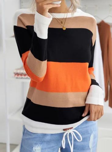 Miniatura 2 de Dokotoo Suéteres de otoño con cuello redondo, a rayas, lindos suéteres de invierno para mujer, modernos con cordón