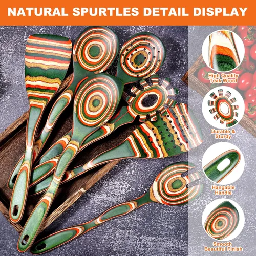 Miniatura 3 de Juego de 7 utensilios de cocina de madera de Pakkawood para cocinar, cucharas de madera para cocinar, seguro, ecológico, antiadherente, utensilios