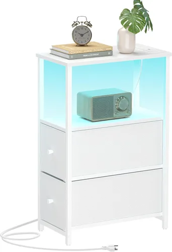 Miniatura 26 de TUTOTAK - Mesa auxiliar pequeña y estrecha con estación de carga; mesa de lado con tomas de corriente; mesita de noche con 2 cajones de tela; mesa