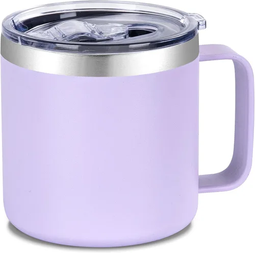 Miniatura 20 de VEGOND Taza de café aislada de 14 onzas con asa, taza de café de viaje de acero inoxidable con tapa, taza de café de metal al vacío de doble pared