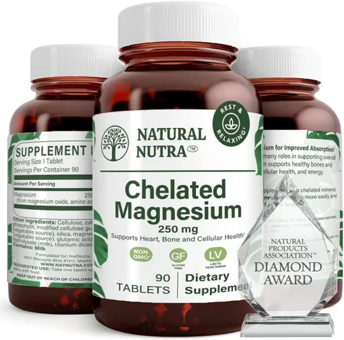 Natural Nutra Óxido de magnesio quelado de 250 mg, alta absorción para huesos fuertes, salud cardíaca, impulso de energía, sin gluten, sin OMG, 90