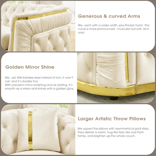 Miniatura 4 de Sofá Chesterfield de 62.6 pulgadas, moderno de mediados de siglo, sofá de terciopelo blanco beige y dorado, sofás de lujo para sala de estar