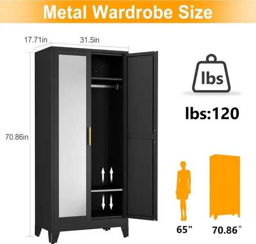 Miniatura 2 de Ckzbx Armario Ropero de Metal de 71" de Alto con Espejo, Estantes Ajustables, Barra para Secar Ropa, Gabinete Ropero de Acero para Dormitorio (Negro)