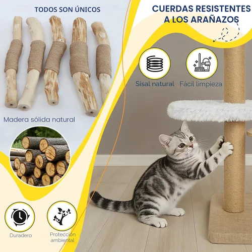 Miniatura 6 de Árbol de madera maciza para gatos de interior, torre moderna de varios niveles para gatos de 54 pulgadas con cesta colgante, postes rascadores