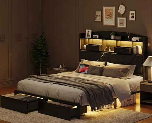 Miniatura 7 de DOGIBIXO Marco de cama negro de tamaño completo con 4 almacenamientos, marcos de cama de plataforma tapizados de terciopelo con cabecero capitoné