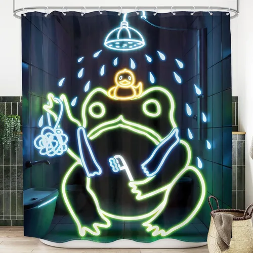 Miniatura 25 de Juego Divertido de Cortina de Rana Retro para Ducha, Juego de Baño 48x71 Pulgadas, Estilo Asiático Lindo, Arte Japonés Tradicional de Pato de Goma