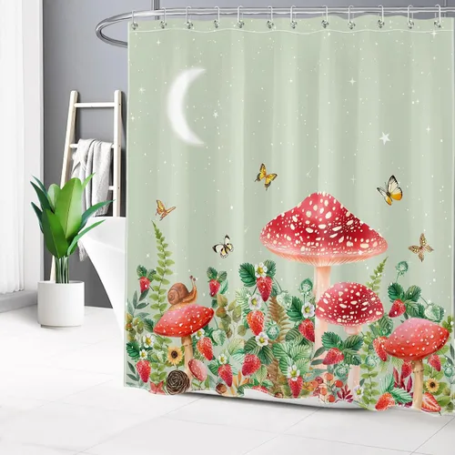 Miniatura 2 de Cortina de ducha con diseño de hongos y rana, planta verde salvia y mariposa de fresa sobre verde, cortina de ducha con ganchos, juego de cortinas