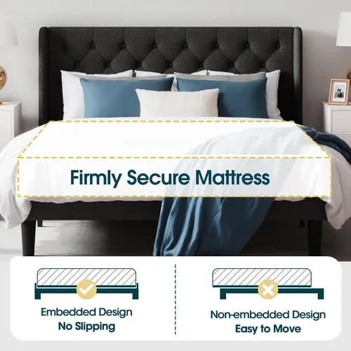 Miniatura 6 de WEEWAY Base de cama tapizada de tamaño matrimonial con cabecera copetuda con respaldo de alas, plataforma moderna con soporte de listones de madera