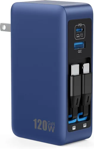 Miniatura 9 de Bloque de cargador USB C de 120W con 2 cables retráctiles integrados, cargador de pared con enchufe plegable GaN IV 4 en 1, estación de carga