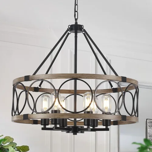 Miniatura 12 de Candelabro de Granja para Comedor de 5 Luces Negro Rústico de Tambor Candelabros de 20" Textura de Madera Lámpara Colgante Ajustable para Isla