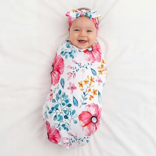 Miniatura 7 de Moukeren 4 juegos de mantas para bebé recién nacido, con diademas para recién nacido, con estampado floral, manta para bebé, saco de dormir