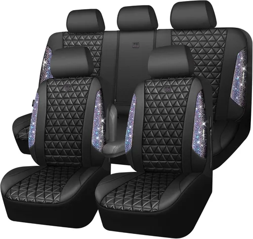 Miniatura 21 de CAR PASS Fundas de asiento de automóvil de cuero con diamantes brillantes, juego de asientos interiores de asientos completos, impermeable, Plateado