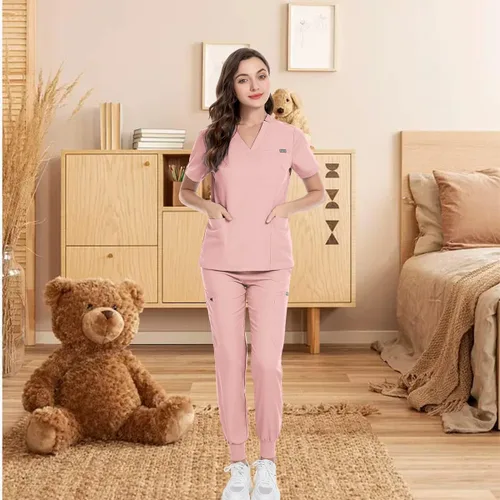 Miniatura 6 de niaahinn Conjunto de uniforme médico unisex con cuello en V y pantalones con múltiples bolsillos