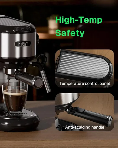Miniatura 6 de HBN Máquina de café expreso de 20 Bar con espumador de leche, cafetera compacta para café molido, cafetera de acero inoxidable con varilla de vapor