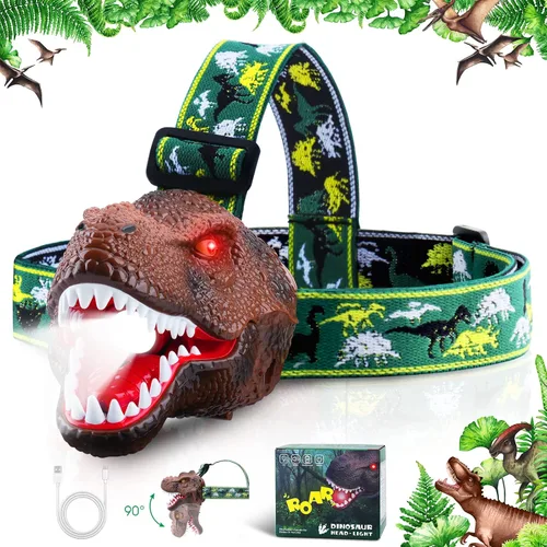 Miniatura 12 de Dysaim Linterna Frontal para Niños, Linterna Frontal de Dinosaurio T-Rex Recargable para Niños y Lámpara LED de Cabeza, Linterna de Equipo