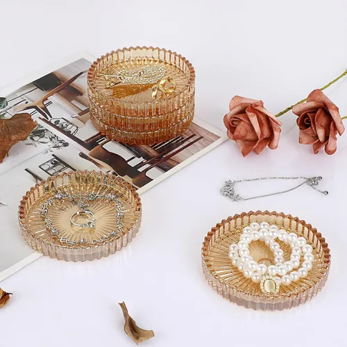 Miniatura 8 de Juego de 5 posavasos modernos transparentes de cristal para bebidas, posavasos redondos y elegantes, bonitos posavasos para mesa de café para Ámbar