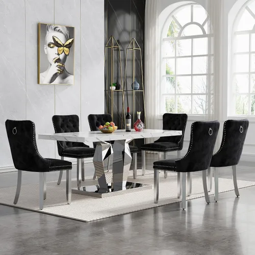 Miniatura 95 de Moderno juego de mesa de comedor de mármol sintético de 68.11 pulgadas para 6, mesa de comedor de mármol blanco y plateado con 6 sillas de Blanco