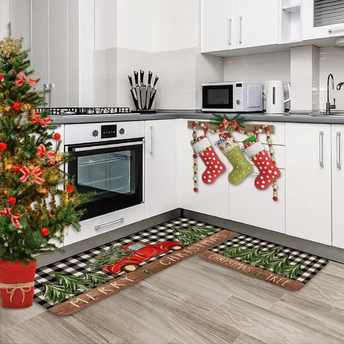 Miniatura 2 de Juego de 2 alfombras de cocina de Navidad, alfombra de cocina roja con diseño de camión y árbol de Navidad para el suelo, alfombra antideslizante