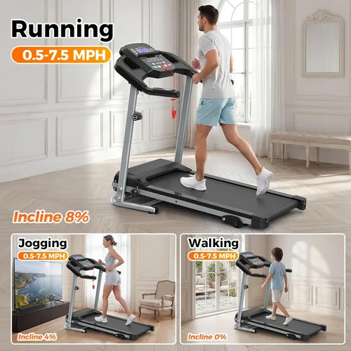 Miniatura 8 de Lastforever Caminadora plegable para uso doméstico, motor silencioso de 2.5 HP, 0.5 a 7.5 MPH con 8% de inclinación manual, cinta de correr