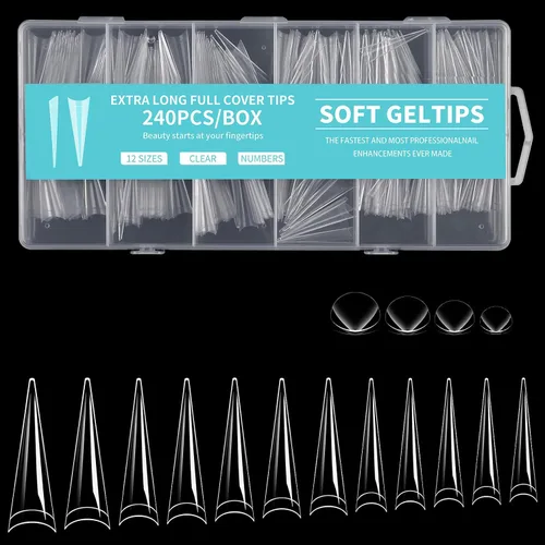 Miniatura 10 de Puntas de uñas largas cuadradas, 240 puntas de uñas de gel suave de cobertura completa, pregrabadas, 3XL, cuadradas transparentes, acrílicas