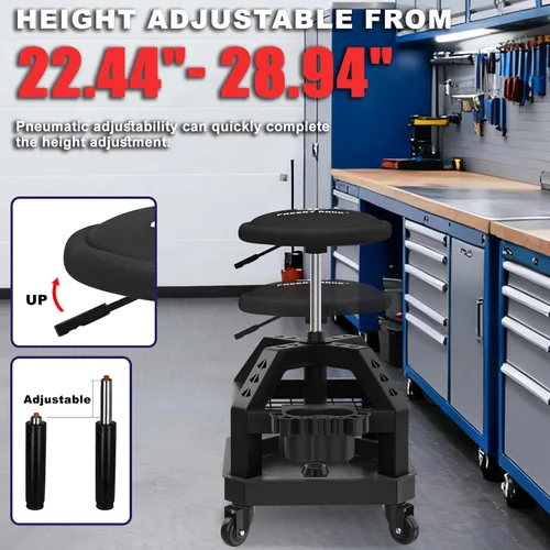 Miniatura 3 de Taburete de taller rodante con ruedas, taburete de trabajo de garaje resistente para mecánicos, altura ajustable de 22.44"-28.94", silla giratoria
