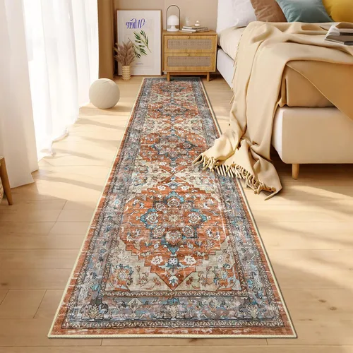 Miniatura 4 de Bsmathom Alfombra de pasillo para pasillos, antideslizante, lavable, estilo bohemio, 2 x 8 pies, alfombras de pelo bajo, alfombras vintage para Rojo
