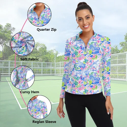 Miniatura 141 de WOWENY Camiseta deportiva de manga larga para mujer, con cremallera de un cuarto, cuello para entrenamiento, camiseta de tenis con estampado