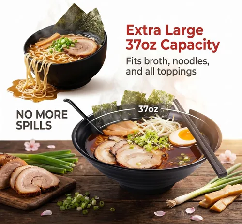 Miniatura 2 de Juego de 2 tazones de ramen irrompible estilo japonés, 37 onzas, grandes cuencos y cucharas de melamina mate con palillos y platillos para fideos