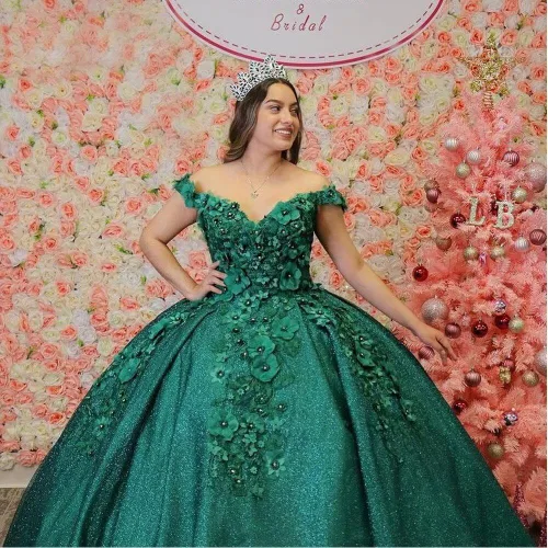 Miniatura 2 de Youjiayi Vestidos de quinceañera florales 3D para mujer, vestidos largos de tul hinchados, vestidos de baile de graduación con hombros descubiertos